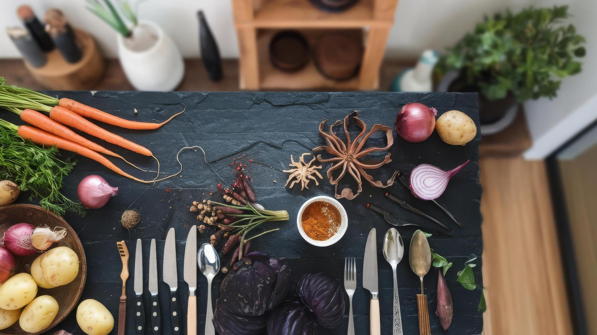 Workshop table with spices and modern tools